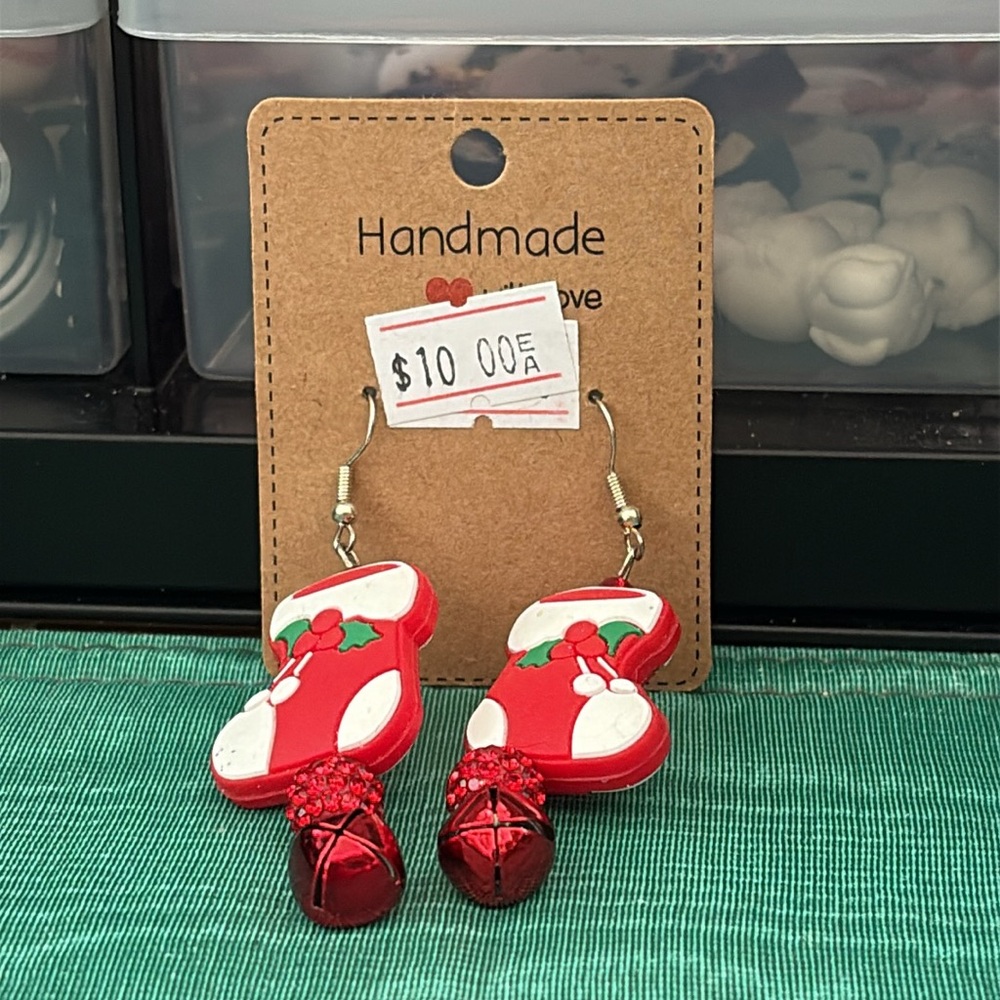 Handmade Christmas Stocking Rhinestone Bell Earrings - Picture 11 of 13